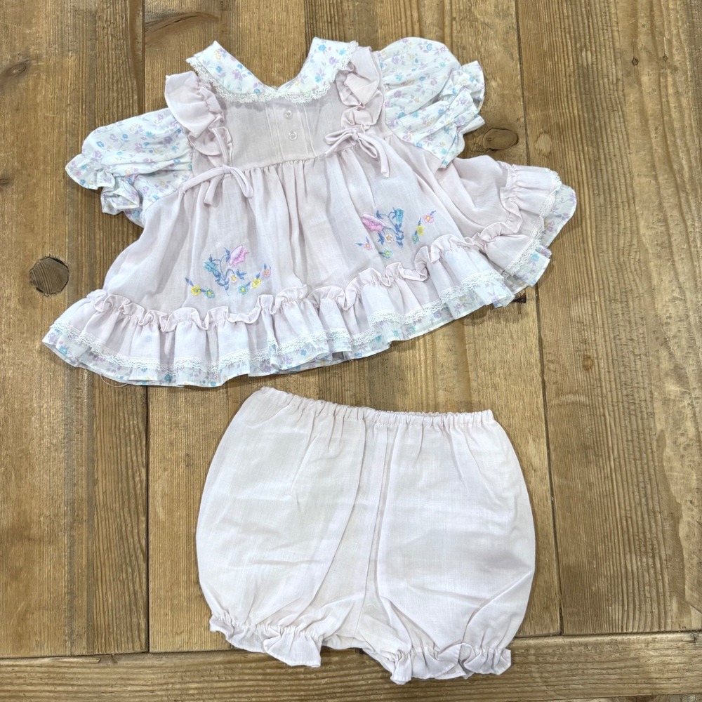 Vintage Baby Girl Pink Embroidered Floral Dress and Bloomers 2 Pc Set- 12 month